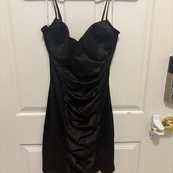 Black Satin Dress - Ruched Mini Dress - Buster Bodycon Dress homecoming - Picture 5 of 7